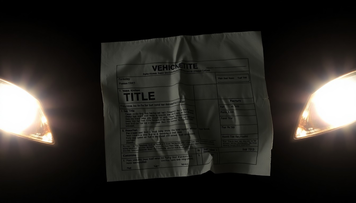 An extreme close-up of a crumpled vehicle title document reflecting a harsh, direct camera flash, conceptually illustrating the gritty details of a complex financial crime investigation.