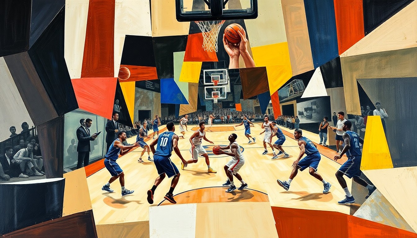 A fractured, multi-perspective painting depicting the energy and movement of a college basketball game, with the players' forms broken down into sharp, overlapping geometric shapes and planes, capturing the dynamism of the sport.
