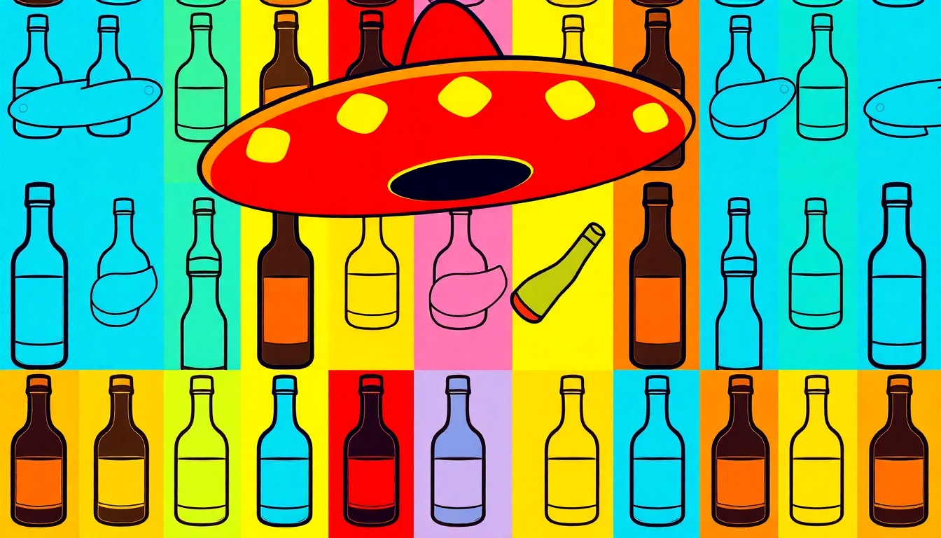 A vibrant, high-contrast silkscreen print of a Mexican sombrero repeated in a grid pattern, capturing the festive spirit of the canceled Cinco de Mayo event in an abstract, pop art style.