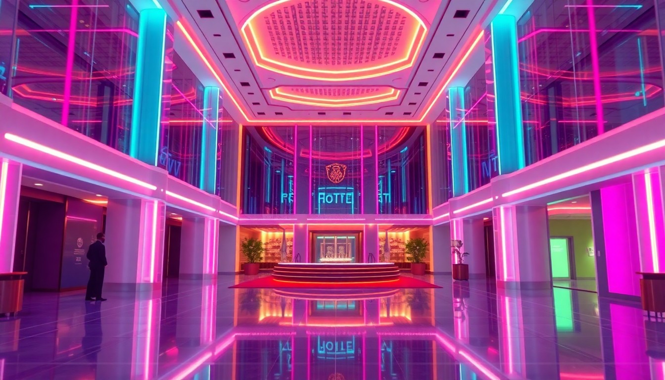 A highly detailed, glowing 3D illustration of a futuristic hotel lobby, with neon cyan and magenta lights illuminating the digital infrastructure and creating a sense of technological innovation and intelligent design.