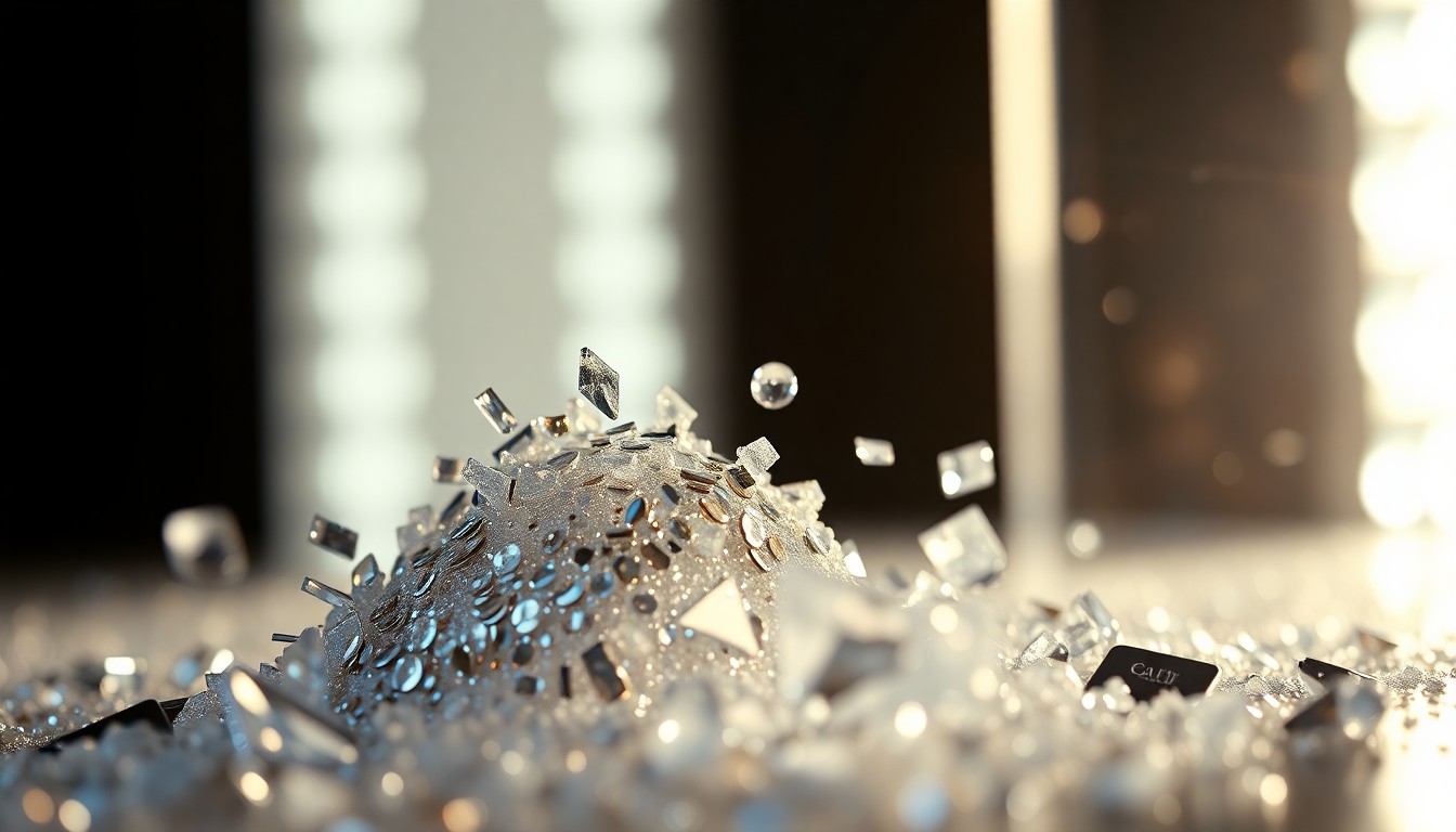 An abstract close-up image of shimmering sequins and shattered glass fragments, captured in dramatic studio lighting to create a high-fashion, glamorous aesthetic that evokes the energy and excitement of the Euphoria season 3 premiere.