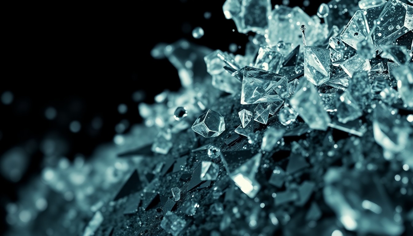 An extreme close-up of shattered glass and metallic surfaces, reflecting dramatic shadows and highlights to create a high-contrast, abstract texture evoking the raw energy of Sevendust's music.