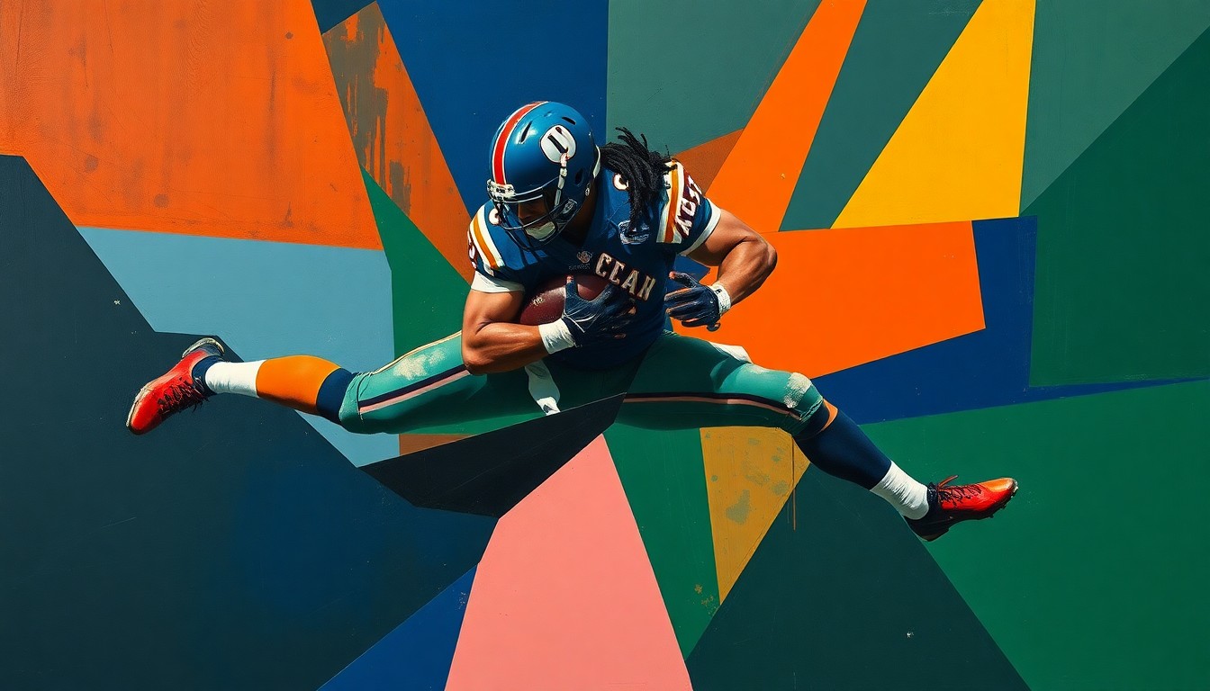 A fractured, geometric painting depicting the violent collision of a football tackle, rendered in a cubist style using overlapping planes of navy, green, and orange.