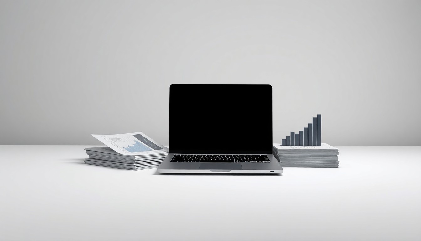 A minimalist, photorealistic studio still life featuring a sleek laptop, financial reports, and a stylized data visualization, conveying a sense of corporate strategy and financial analysis.