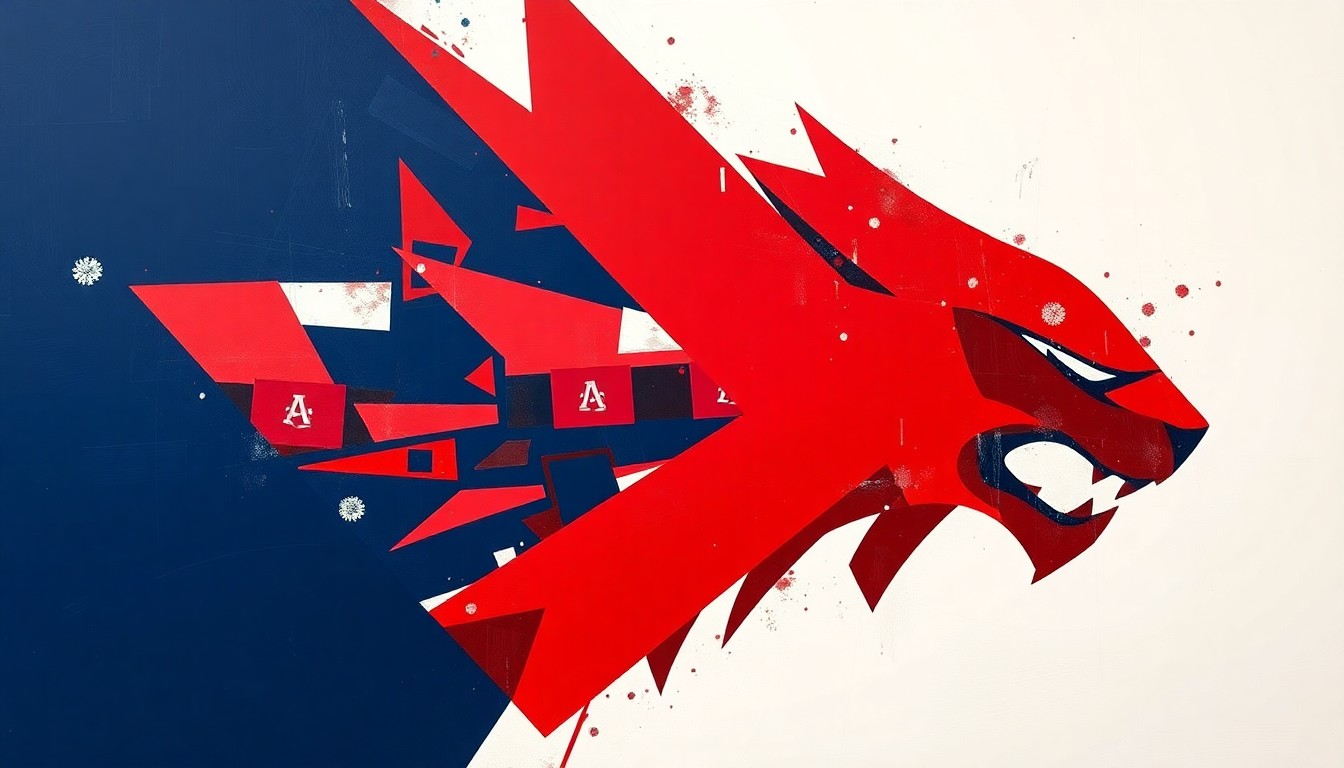 A cubist, geometric painting depicting a basketball game or match, with the players and court broken down into sharp, overlapping planes of cardinal red, navy blue, and white, capturing the dynamic energy of the sport.