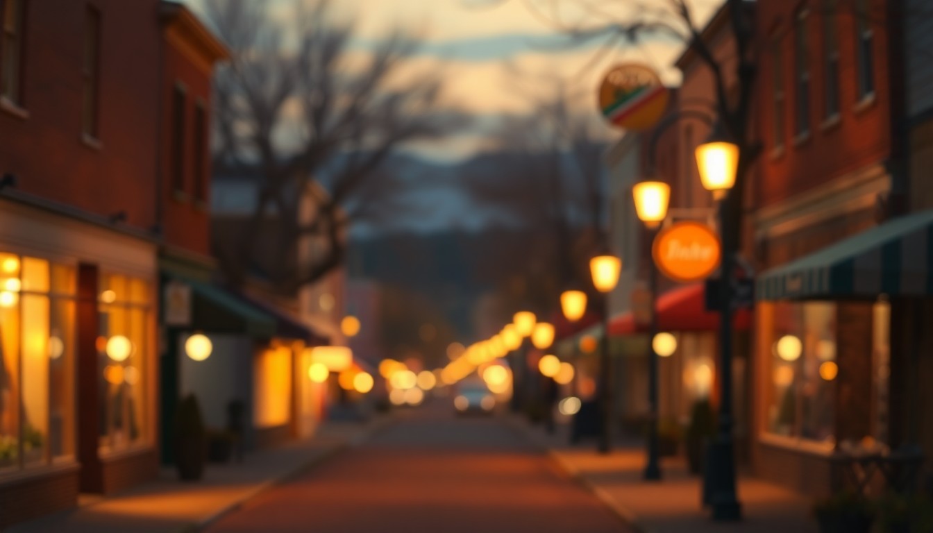 A soft, out-of-focus photograph in warm tones depicting a small-town main street, with blurred storefronts and streetlights casting a gentle glow, conceptually representing the nostalgic and communal nature of a small-town funeral.