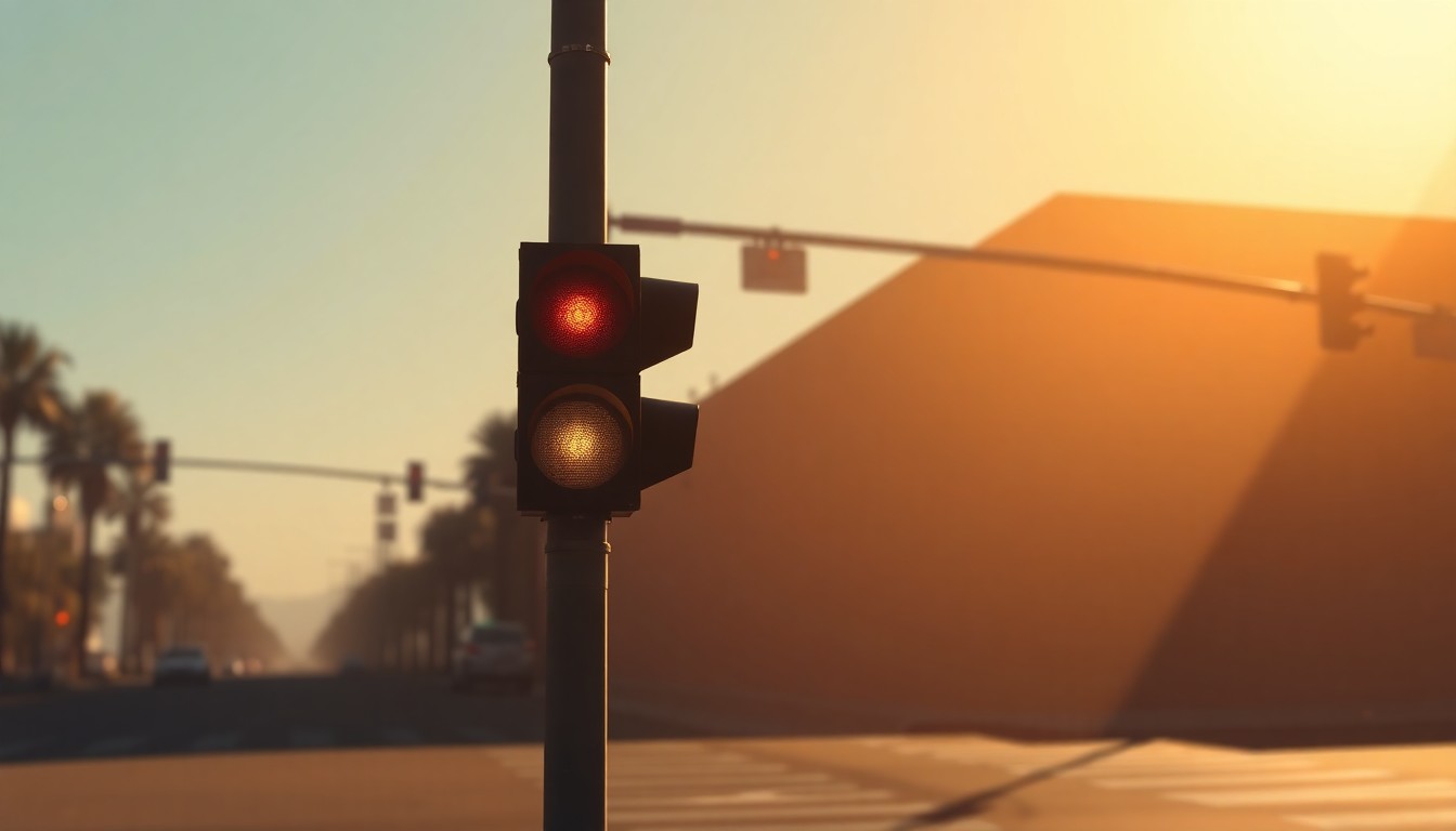 A realistic, softly lit painting of a deserted Pasadena street corner, with a lone traffic light casting long shadows across the pavement, capturing the quiet contemplation around the city's traffic camera proposal.