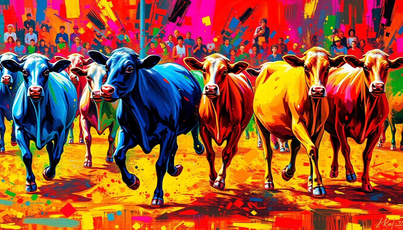 An abstract expressionist painting in neon colors, with rapid brushstrokes capturing the dynamic movement and energy of a livestock judging competition.