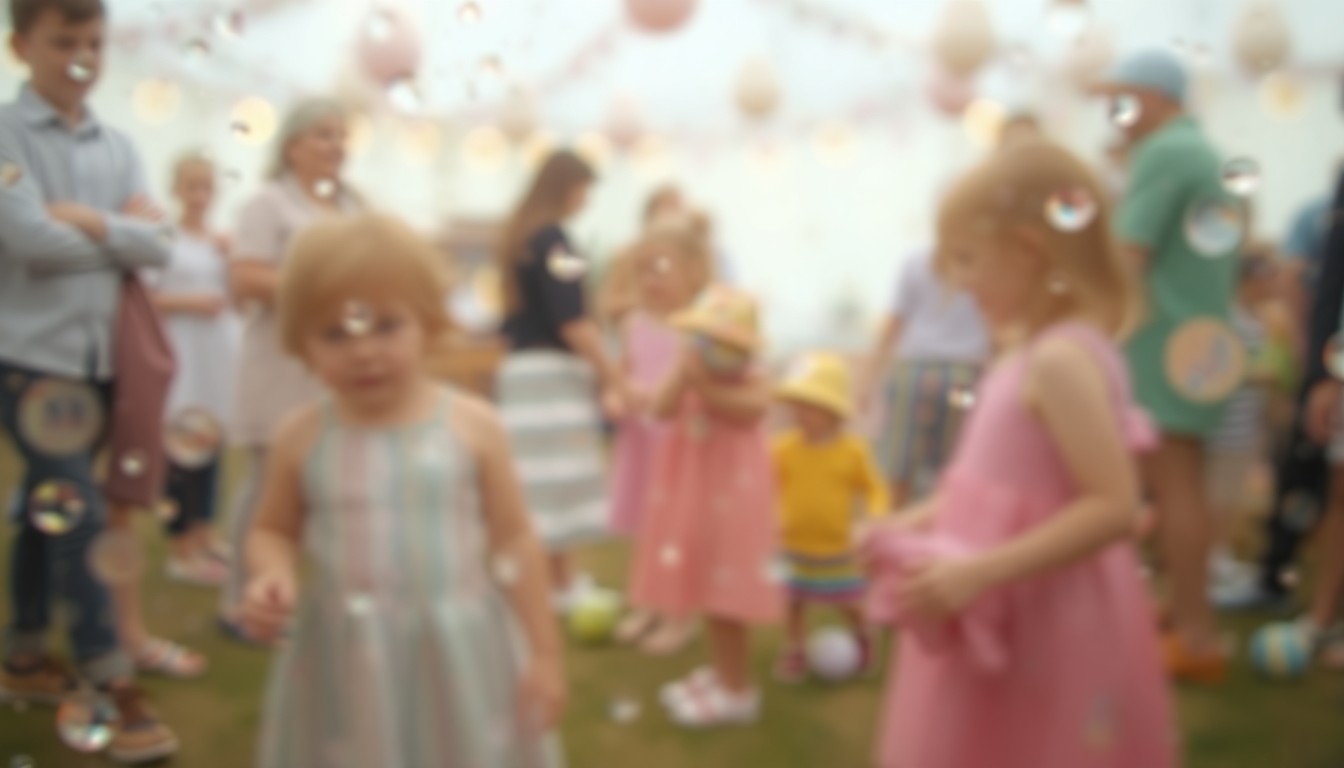 An impressionistic, out-of-focus photograph depicting a hazy, dreamlike scene of children playing at an Easter event, with soft pools of warm pastel colors and light, conveying the celebratory mood and the importance of vigilance to ensure safety at community gatherings.