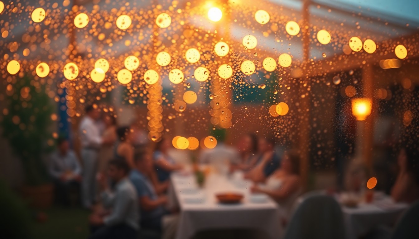 An abstract, out-of-focus scene of blurred shapes and pools of warm, colorful light, evoking the mood and energy of an outdoor garden party celebration.