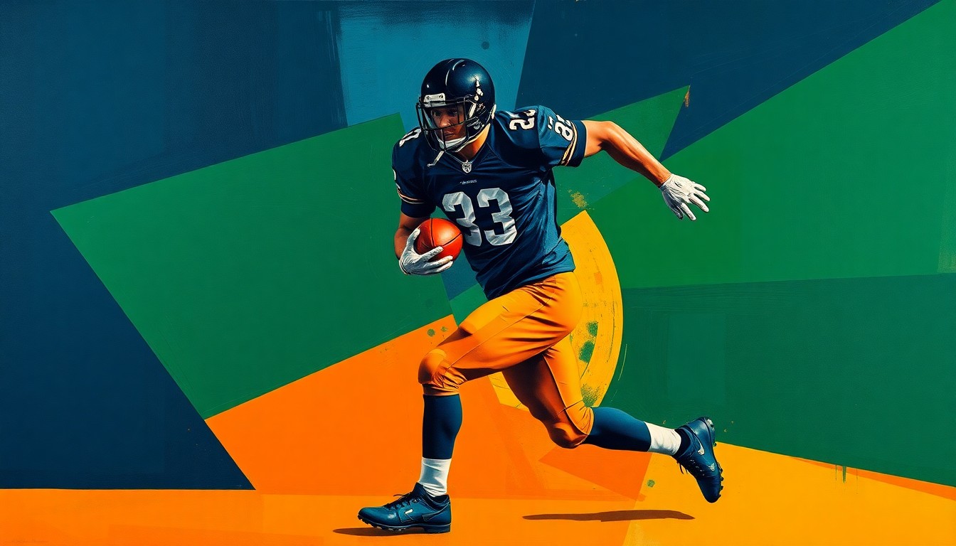 A fractured, multi-perspective painting depicting a football player in motion, broken down into sharp, overlapping geometric planes in a palette of navy blue, forest green, and burnt orange, conceptually representing the unusual absence of the presumed top draft pick.