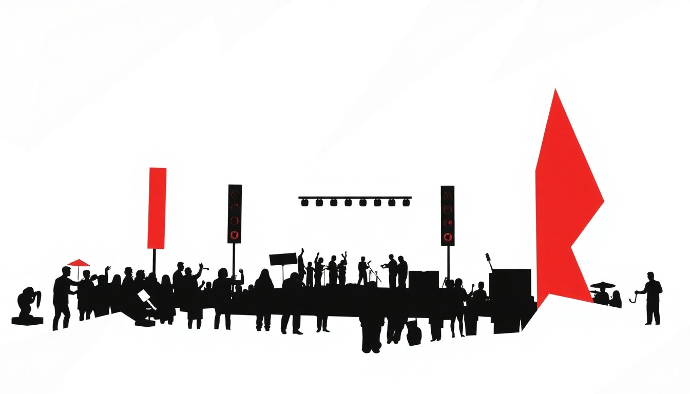 An abstract, minimalist illustration using bold, geometric black silhouettes and bright red shapes to conceptually represent the energy and excitement of a summer beach concert.