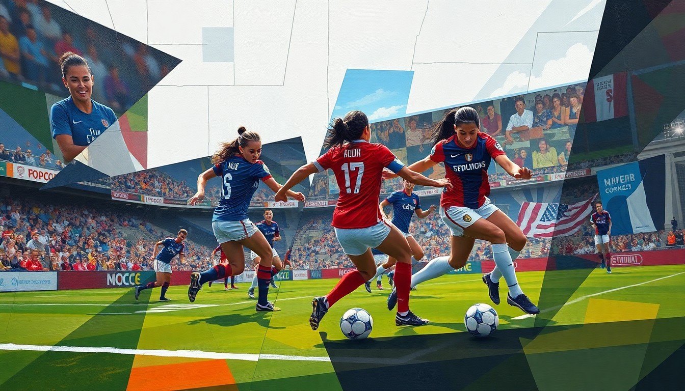 A cubist-style painting depicting a women's soccer match, with the players and the field fragmented into sharp, overlapping geometric shapes and planes that capture the energy and movement of the game.