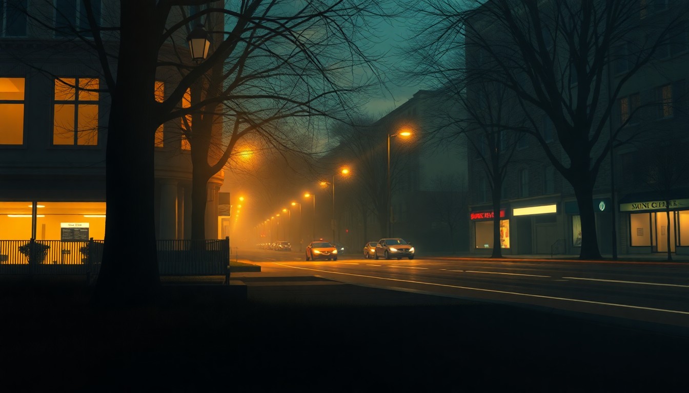 A serene, cinematic painting of a park bench in an urban setting, with warm sunlight and deep shadows creating a contemplative mood, reflecting the challenges of addressing homelessness in the city.