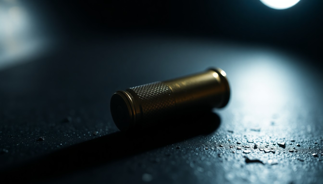 An extreme close-up photograph of a single police-issued firearm cartridge casing lying on a dark, textured surface, lit by a harsh, direct camera flash, conceptually illustrating the forensic investigation into an officer-involved incident.