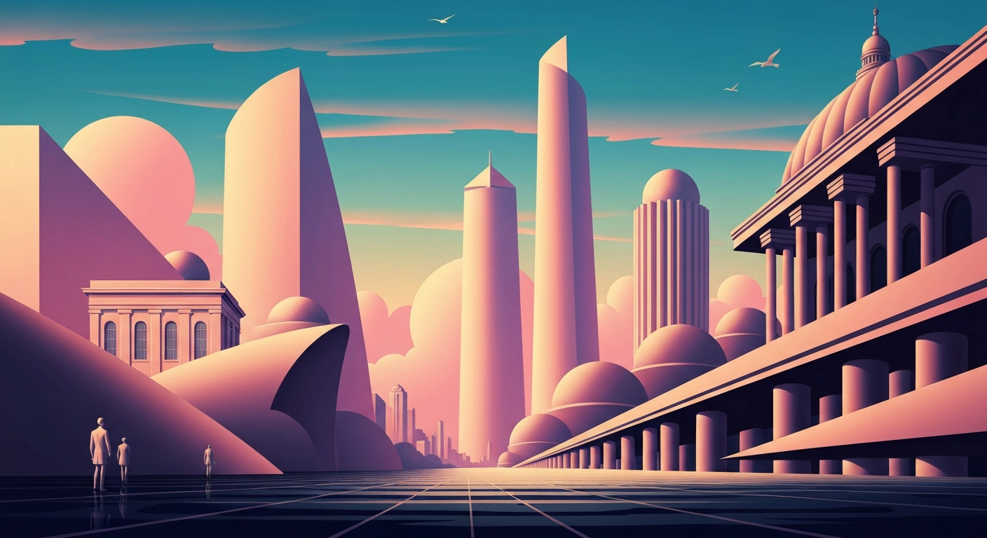 A highly stylized, geometric illustration depicting the grand scale and sweeping vistas of a quaint river town, evoking the nostalgic charm and adventure of antique shopping.