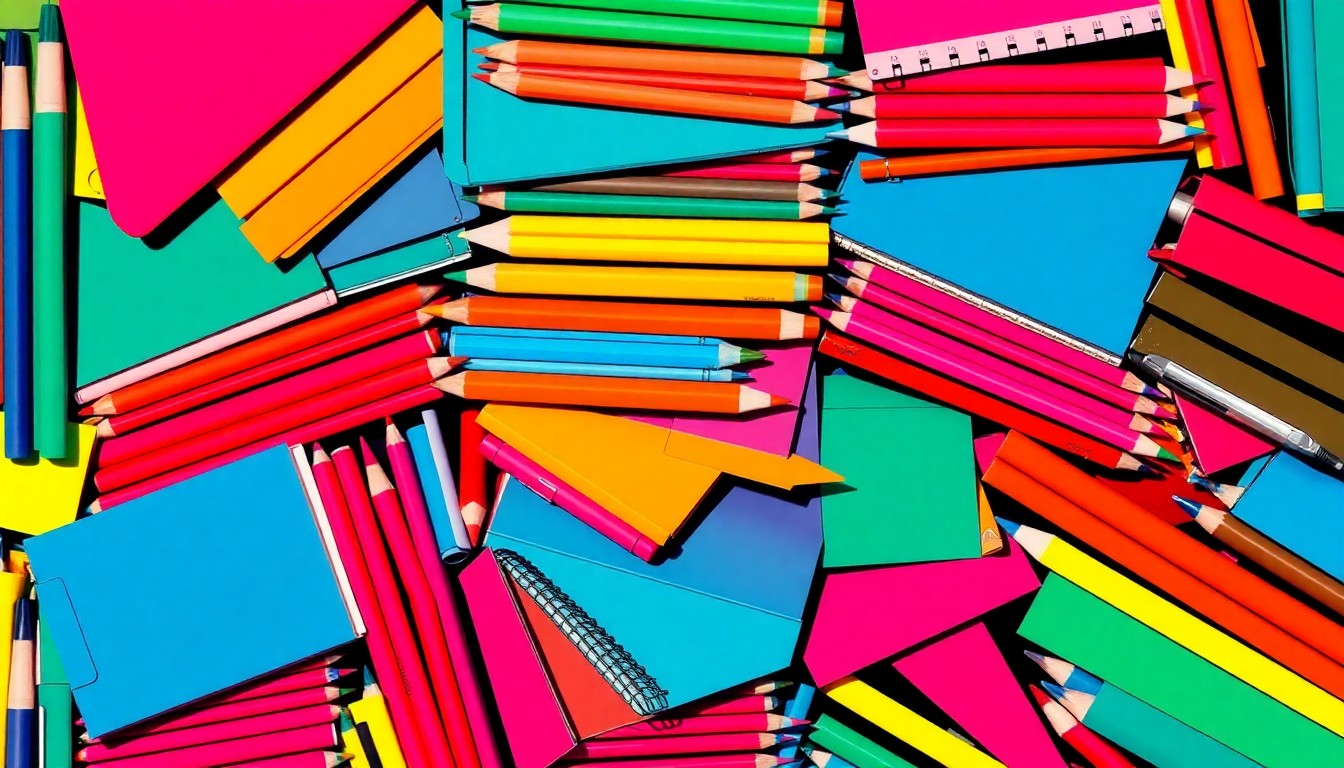 A bold, colorful silkscreen-style illustration featuring a repeating grid pattern of common art supplies like paintbrushes, colored pencils, and sketchpads, conceptually representing the creative energy and artistic achievements of students in the Mid-Ohio region.