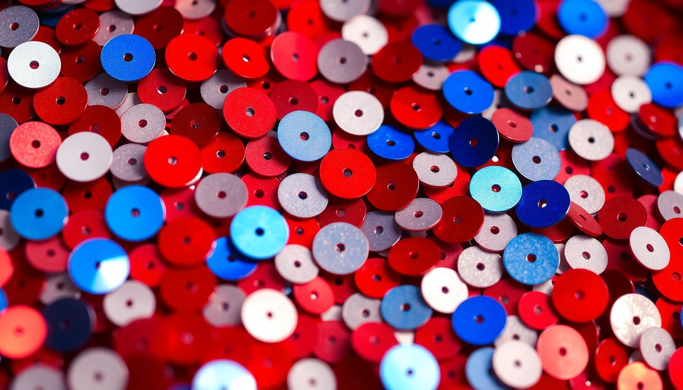 An abstract close-up photograph of shimmering, textured sequins in red, white, and blue, capturing the glamour and excitement of the wrestling match.