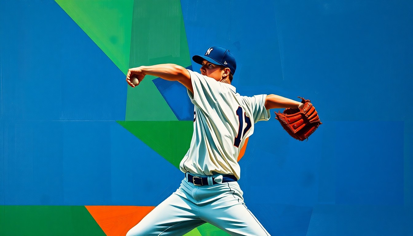 A fragmented, geometric painting depicting the windup and delivery of a baseball pitcher, the movements broken down into sharp, overlapping planes of color, capturing the raw energy and intensity of the matchup between these two rising stars.