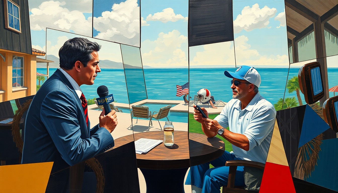 A cubist, geometric painting depicting fragmented, overlapping shapes and planes that represent a sports reporter and a football coach interacting at a resort, conceptually illustrating the complex dynamics between journalists and their sources.