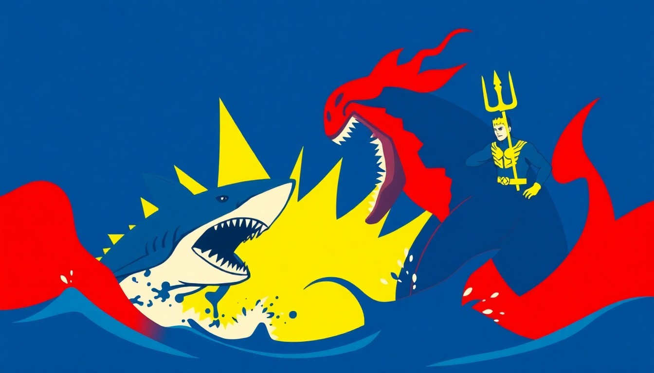 An extreme abstract composition of bold, jagged geometric shapes in shades of blue, yellow, and red, conceptually representing the aquatic team-up of Jeff the Land Shark and Aquaman to battle a giant monster.