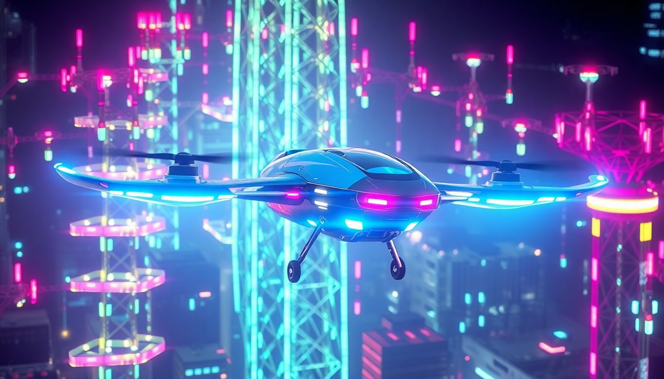 A highly detailed, glowing 3D illustration of a futuristic eVTOL aircraft in flight, surrounded by a network of pulsing, neon-lit communication towers and infrastructure, conceptually representing the advanced technology and connectivity powering the urban air mobility revolution.