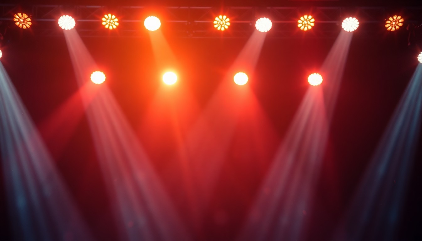 An extreme close-up of sparkling stage lights casting dramatic shadows, conveying the glamour and excitement of a country music concert.