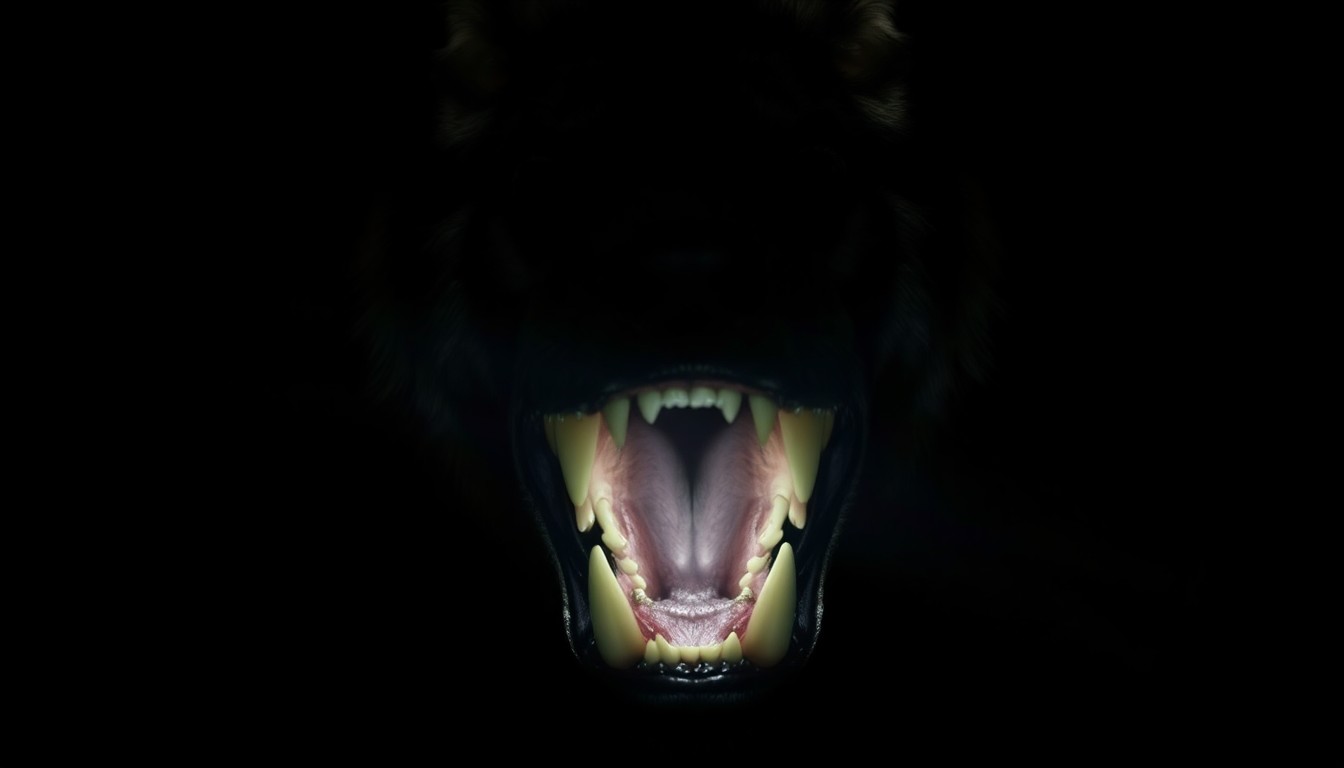 An extreme close-up photograph of a wolf's open mouth and sharp teeth, lit by a harsh flash against a dark background, conveying the danger and intensity of the situation at the zoo exhibit.