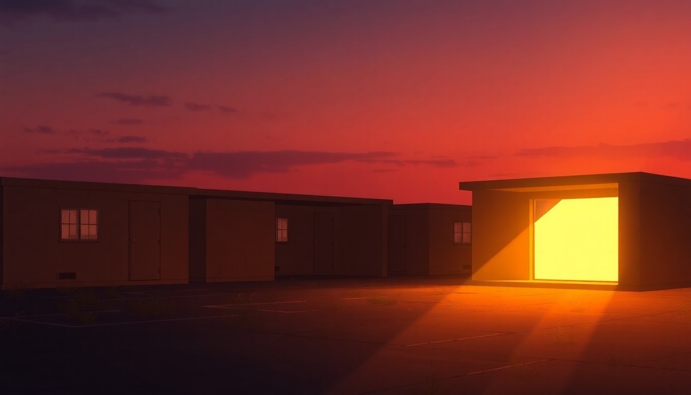 A quiet, cinematic painting of an empty military housing unit at dusk, with warm sunlight streaming through the windows and deep shadows cast across the scene, conveying a sense of melancholy and isolation.