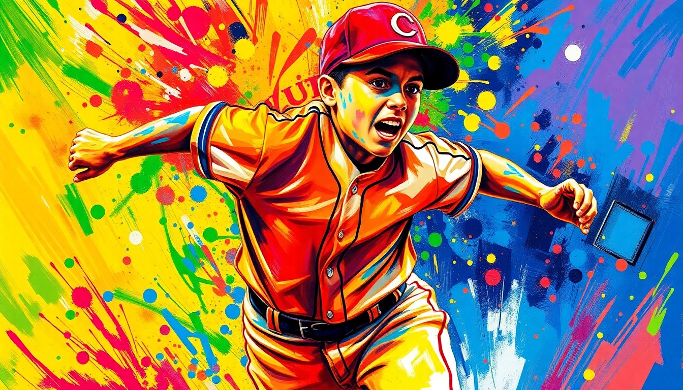 An extreme close-up of a baseball player rounding the bases, their face and uniform dissolving into a vibrant, expressionist blur of neon colors and rapid brushstrokes, capturing the raw energy and emotion of the moment.