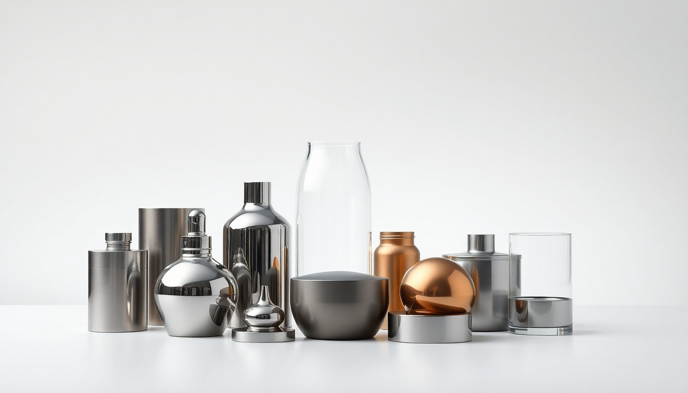 A high-end, photorealistic studio still-life photograph featuring a collection of premium, polished metal and glass objects arranged elegantly on a clean, monochromatic background, conceptually representing the advanced coating technology and durable, eco-friendly finishes offered by Spray-Net.