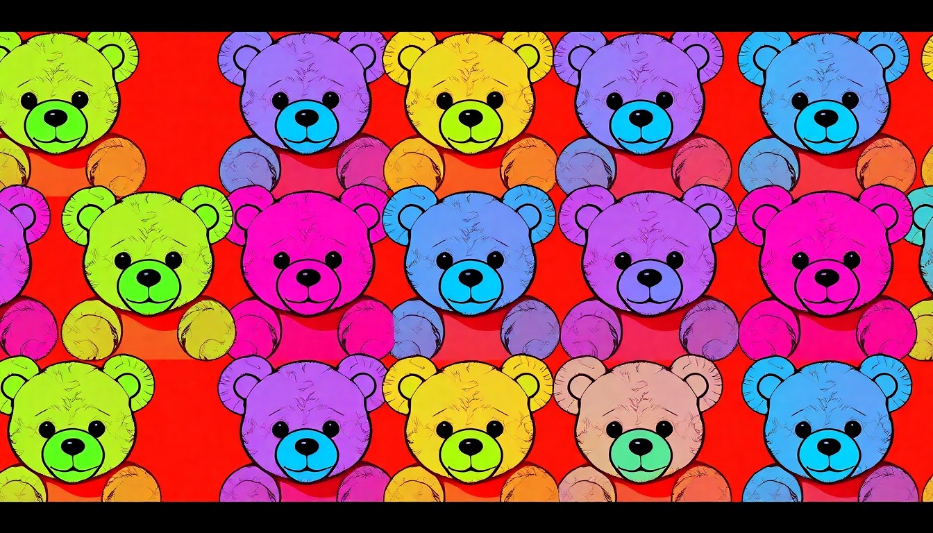 A vibrant, high-contrast silkscreen print featuring a repeated teddy bear icon in a grid, rendered in bold neon colors and heavy black outlines to capture the whimsical spirit of the poetry collection.