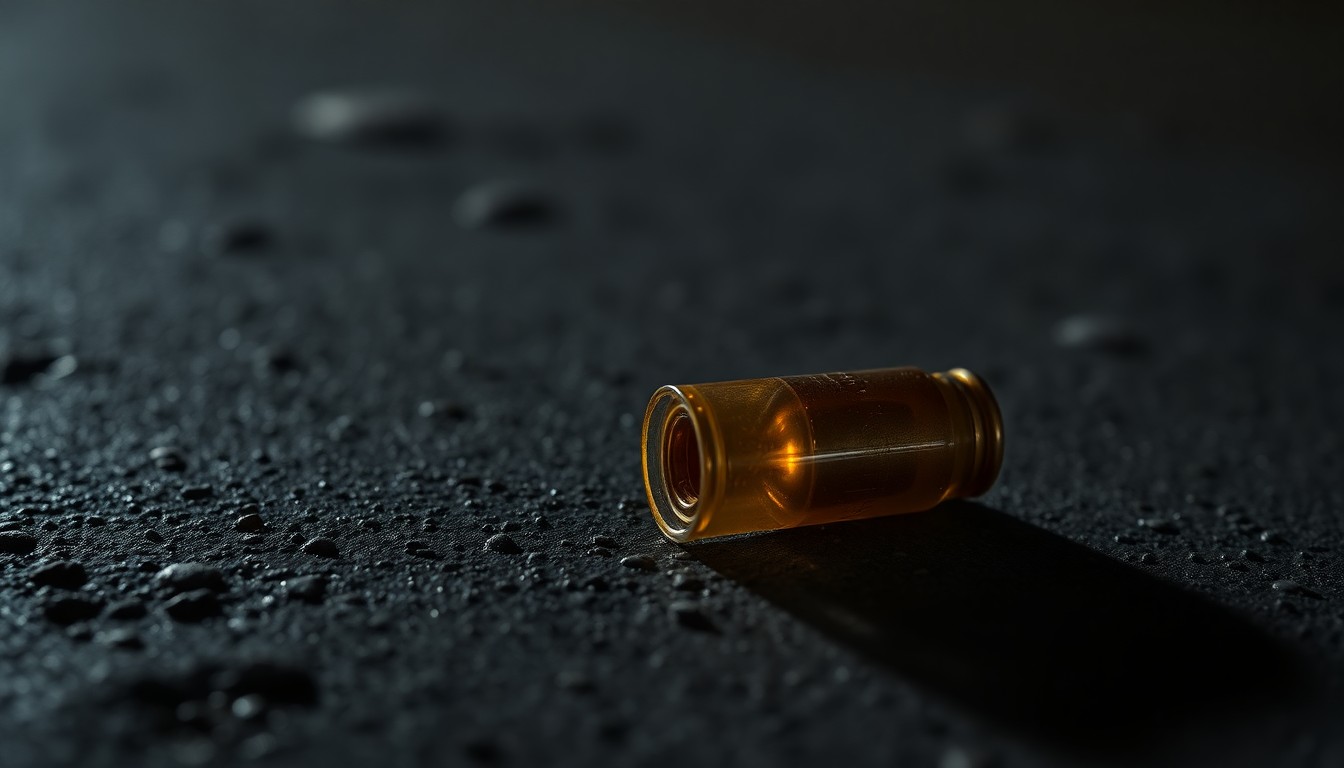 An extreme close-up photograph of a single spent shell casing on a dark concrete surface, capturing the gritty details and dramatic lighting to conceptually illustrate the aftermath of a fatal shooting.