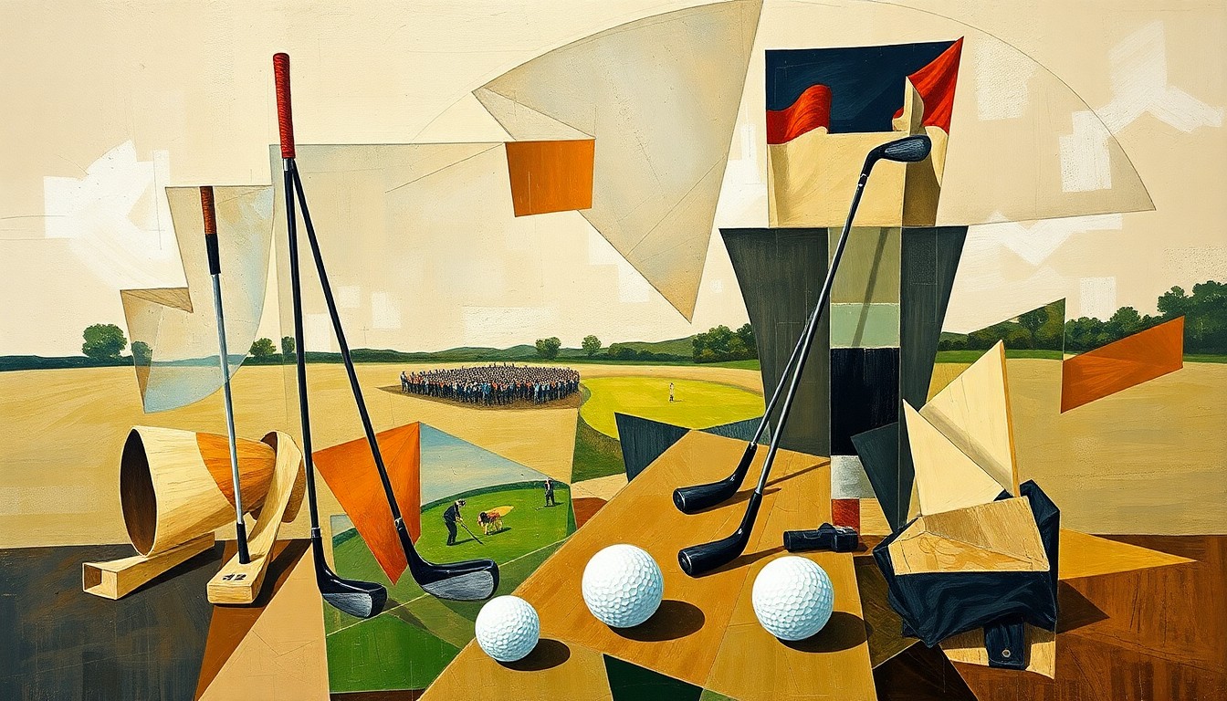 A fractured, geometric painting depicting abstract shapes and forms representing golf equipment and the competitive spirit of the Masters tournament.
