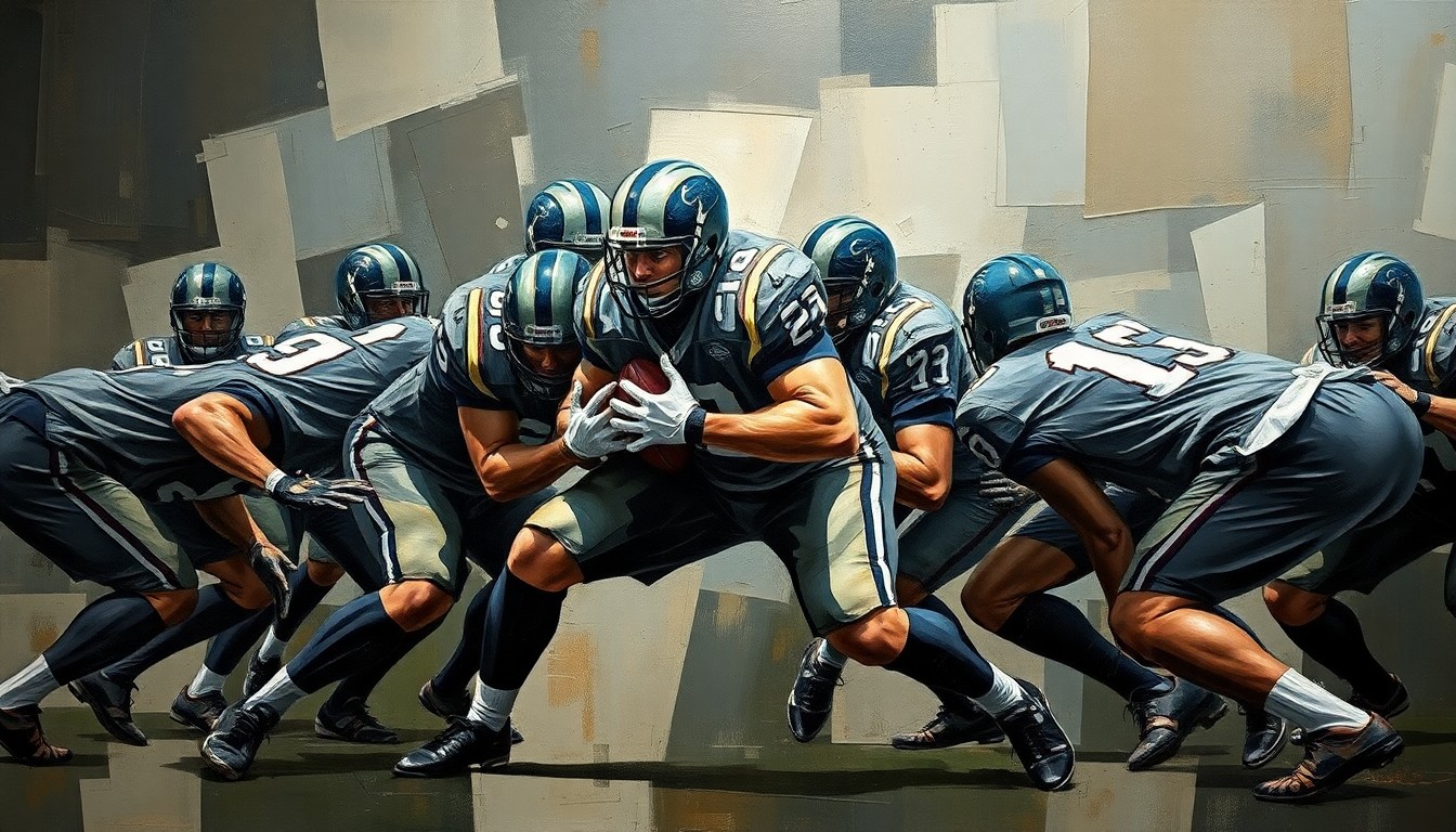 A fragmented, geometric painting depicting the powerful movements of a defensive tackle colliding with the offensive line, rendered in a cubist style with sharp, overlapping planes of dark colors.