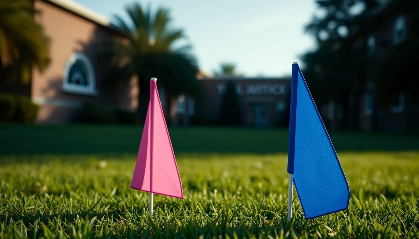 An extreme close-up photograph of a single small pink or blue flag on the lawn of the Children's Justice Center, with shallow depth of field and dramatic lighting creating an intimate, serious mood.
