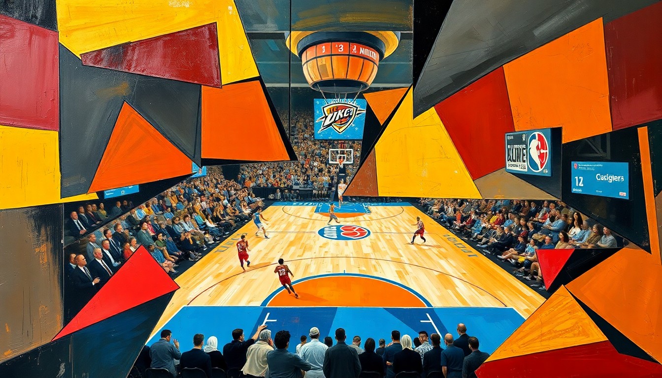 A cubist-style painting depicting a basketball game in a fractured, multi-perspective manner, with the players and court broken down into sharp, overlapping geometric shapes and planes in a vibrant color palette.