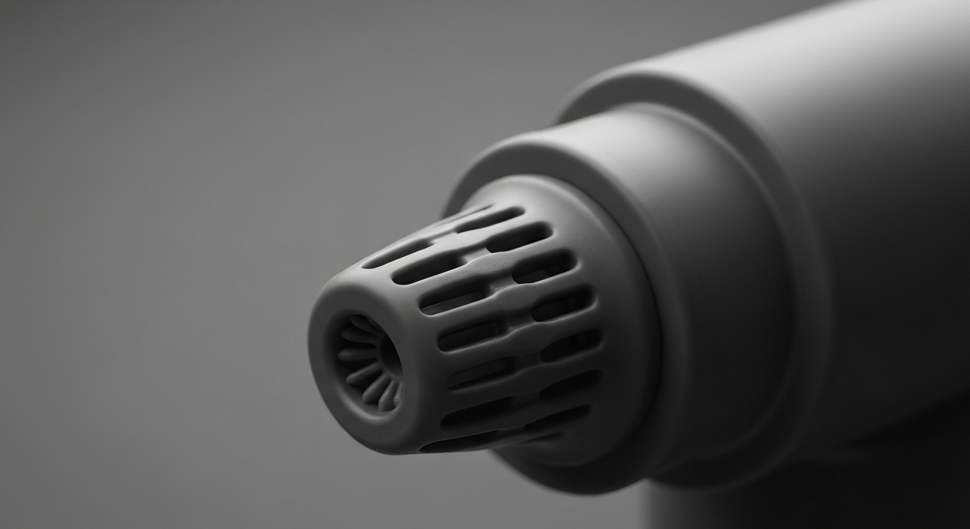 An extreme close-up of a car wash vacuum nozzle, with the textured, industrial materials captured in dramatic lighting to convey the disruptive impact of the noise on the local neighborhood.
