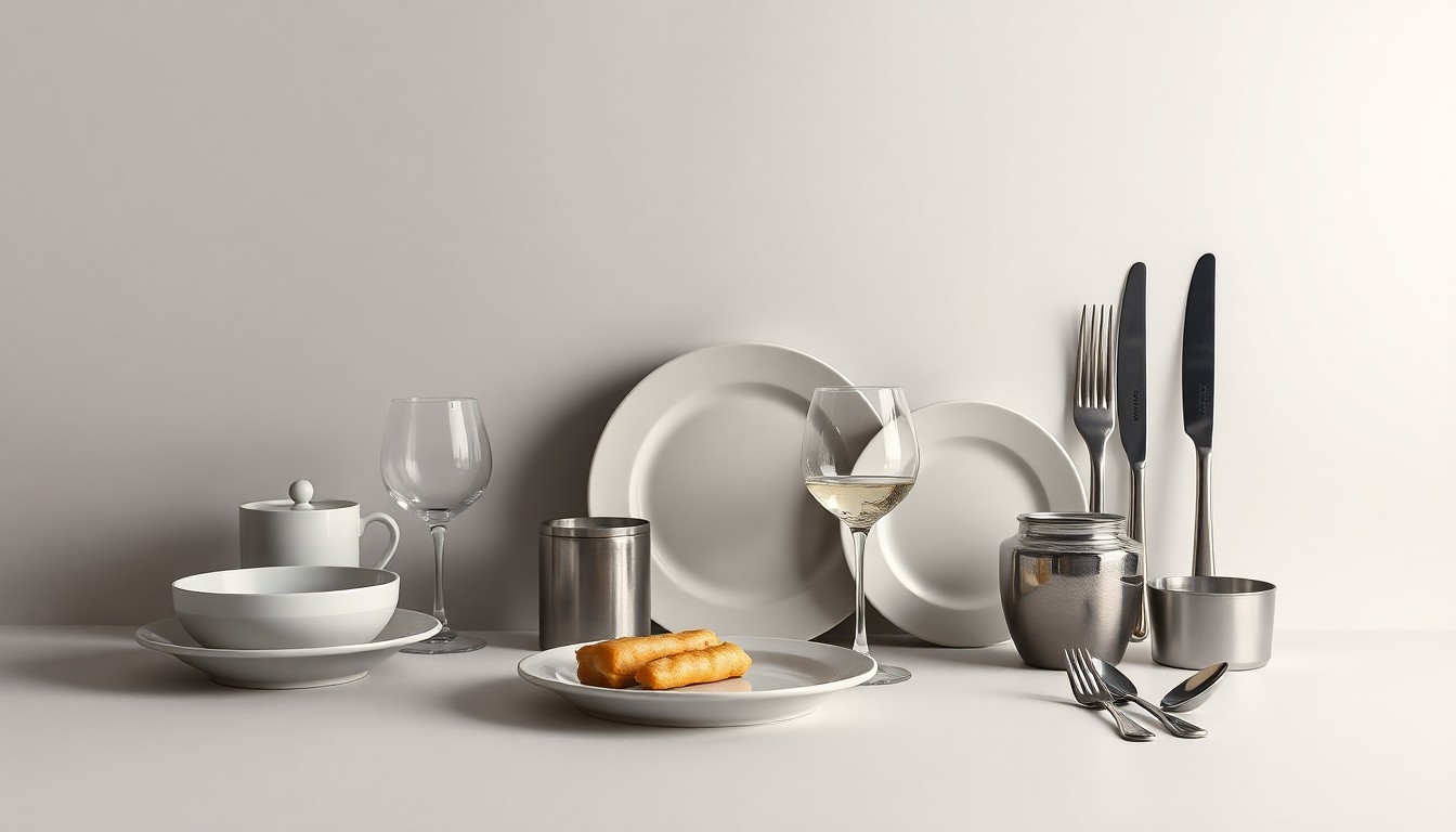 A high-end, photorealistic studio still-life photograph featuring a selection of polished, premium tableware and cutlery arranged elegantly on a clean, monochromatic background, conceptually representing the diverse menu and culinary offerings of the new Madera Kitchen and Bar restaurant.