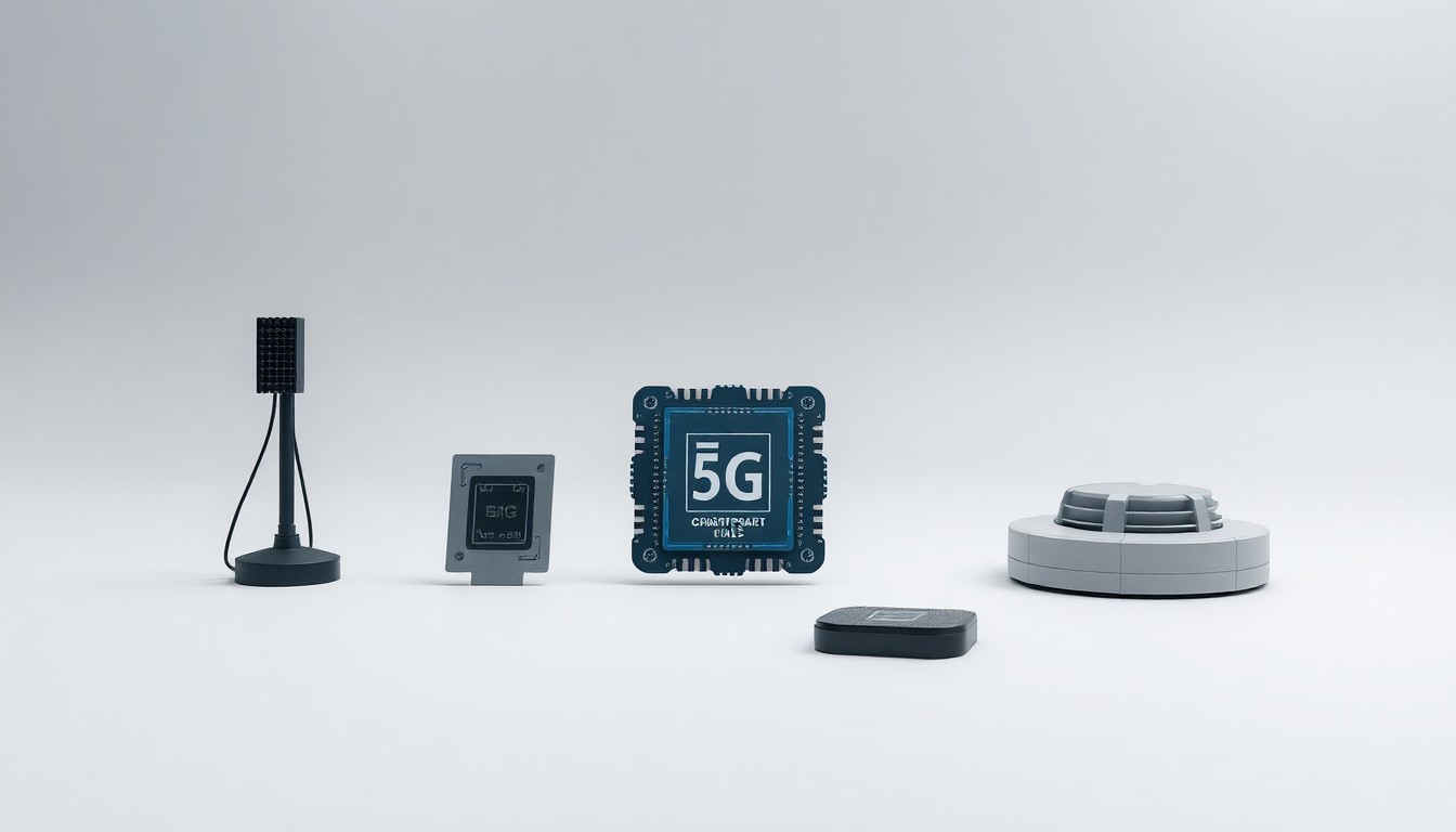A photorealistic studio still life featuring a collection of polished, geometric objects representing the core technologies powering smart stadiums, including a 5G antenna, an AI processor chip, and an IoT sensor, arranged elegantly on a clean, monochromatic background with dramatic studio lighting.