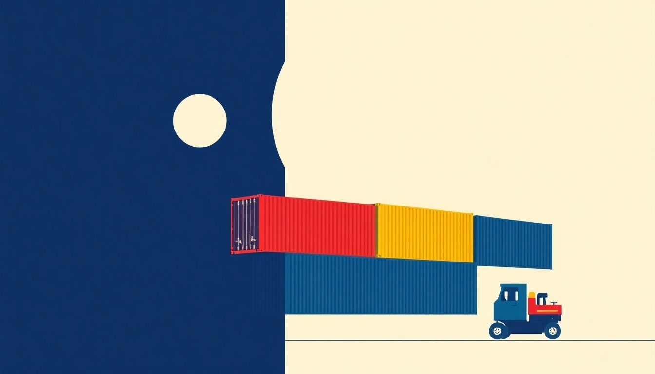 An abstract illustration composed of overlapping triangles, rectangles, and circles in shades of blue, red, and yellow, conceptually representing the economic factors disrupting the flow of containerized imports into the United States.