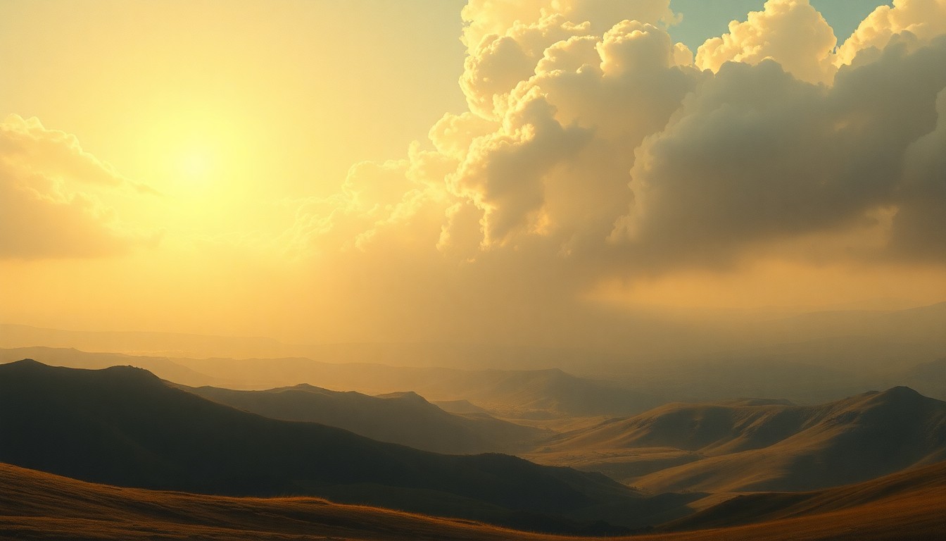 A vast, atmospheric landscape painting in muted tones of gold, ochre, and blue, with a dramatic, swirling cloud formation dominating the scene and obscuring the details of the rolling hills and valleys below, conveying a sense of the overwhelming power and scale of the natural world.