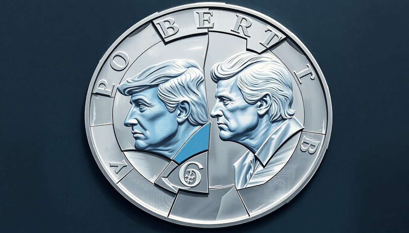 A dynamic, abstract painting of a spinning coin in shades of silver, gray, and blue, with the coin's surface reflecting the faces of the two candidates, conceptually representing the use of a coin flip to resolve a tied election.