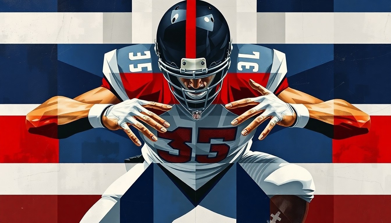 A fragmented, geometric painting depicting the blocking motion of a football player, with sharp planes of navy blue, silver, and crimson red, conceptually representing the Detroit Lions' evaluation of top offensive tackle prospects in the upcoming NFL Draft.