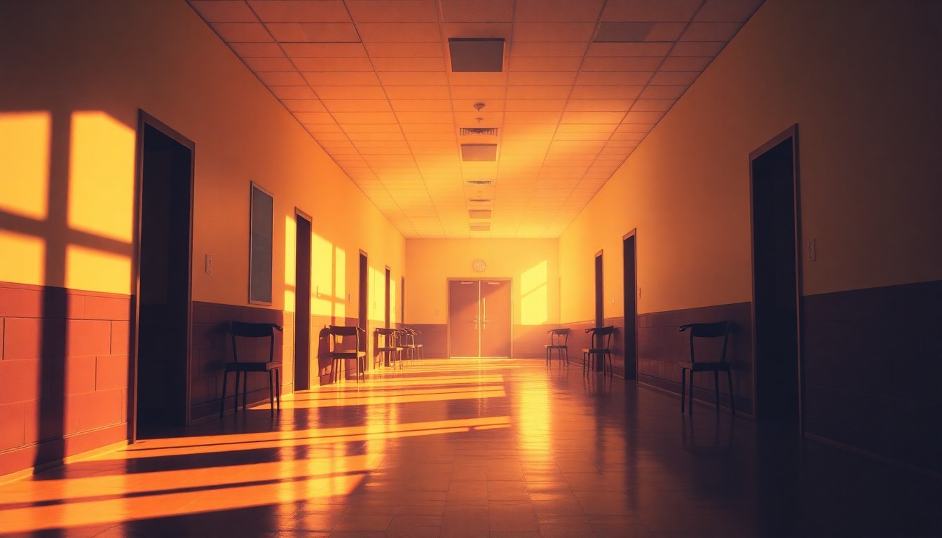 A serene, cinematic painting of an empty school hallway, with warm sunlight streaming in through the windows and deep shadows casting a contemplative mood, conceptually representing the evolving political landscape surrounding education issues.