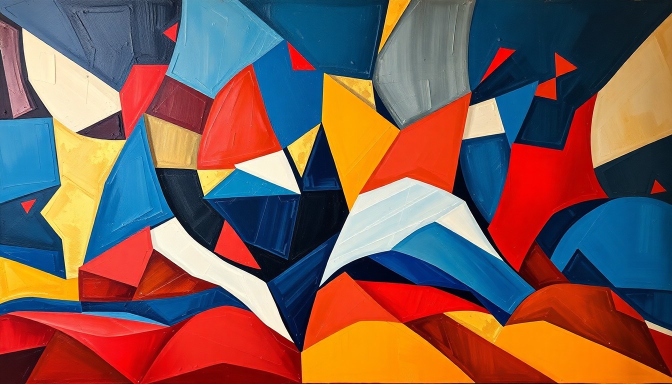 A vibrant, abstract painting with overlapping, fractured geometric shapes and waves of color in shades of blue, red, and gold, conceptually representing the fast-paced and competitive nature of a political campaign.