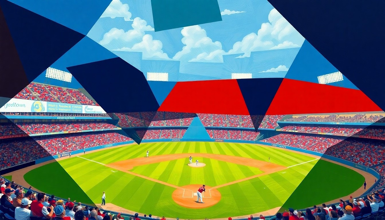 A cubist, geometric painting depicting a baseball game at Hodgetown stadium, with the field and players broken down into sharp, overlapping planes of navy blue, red, and white.
