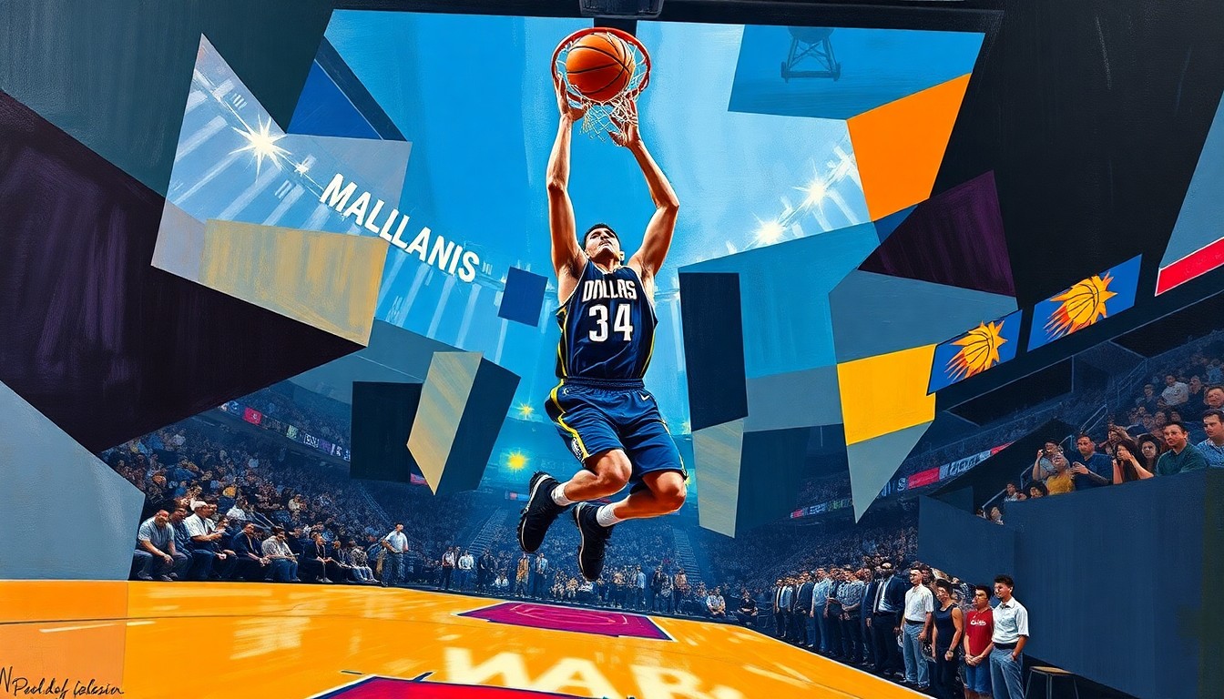 A cubist, geometric painting depicting a basketball player in motion, with sharp, overlapping planes of color and form representing the dynamic action of the game.