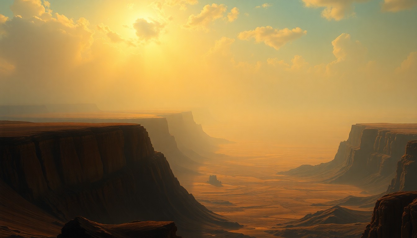 A sweeping, atmospheric landscape painting in muted tones of ochre, amber, and hazy blue, capturing the overwhelming scale and oppressive heat of the American West under a shimmering, hazy horizon.