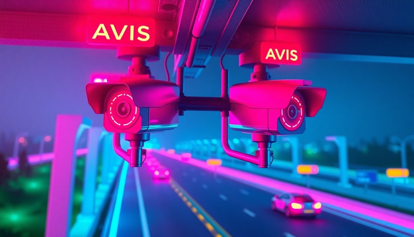 A highly detailed, glowing 3D illustration of a pair of futuristic-looking speed cameras mounted on highway infrastructure, with neon cyan and magenta lights illuminating the cameras and surrounding environment. The image conceptually represents the advanced technology behind Colorado's new average-speed enforcement system.